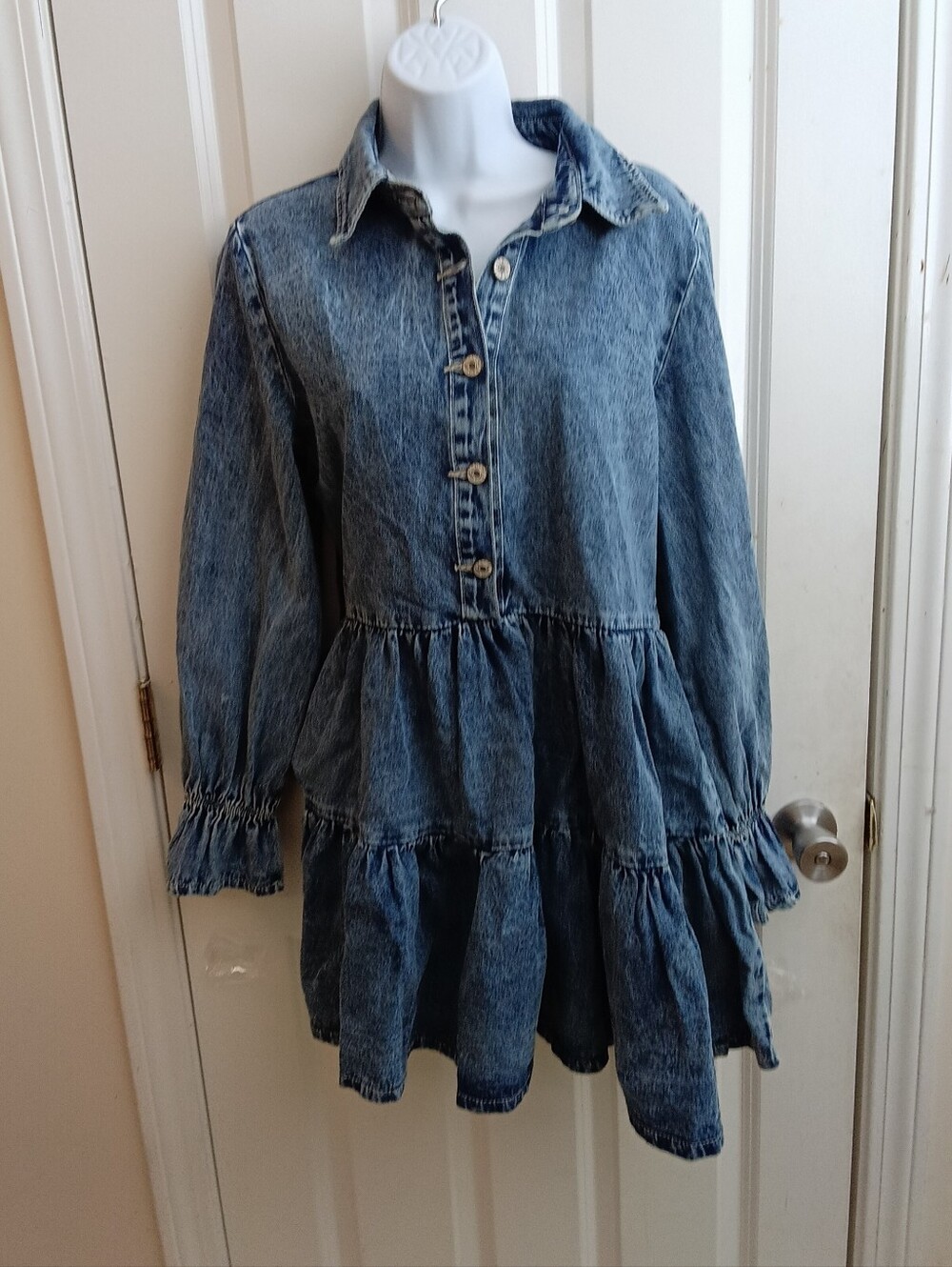 Washed Blue Denim Tiered Shirt Mini Dress Size Medium - Picture 3 of 8